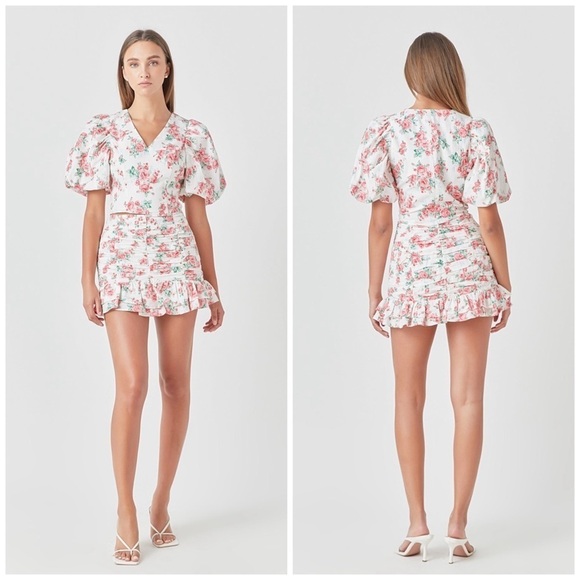 Endless Rose Revolve Linen Ruched Draped Ruffle Hem Mini Skirt - Picture 3 of 16